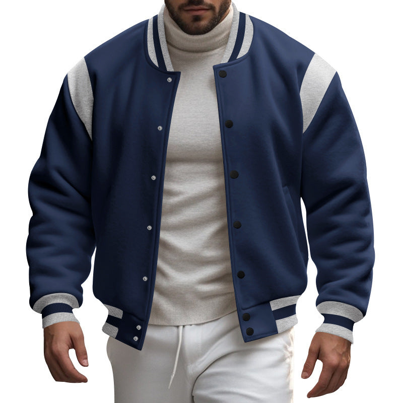 Herren nan College-baseballjakke med trykknaplukning, ribbet krave og kontrasterende skulderstykker Skovae