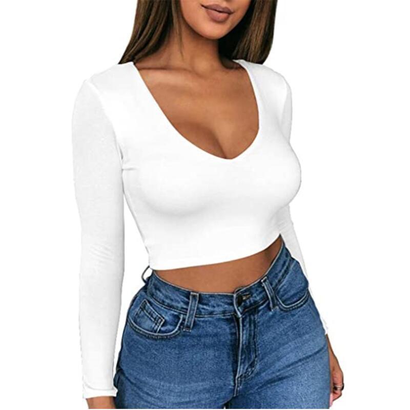 Dame Cropped Langærmet T-shirt med V-hals Stilla