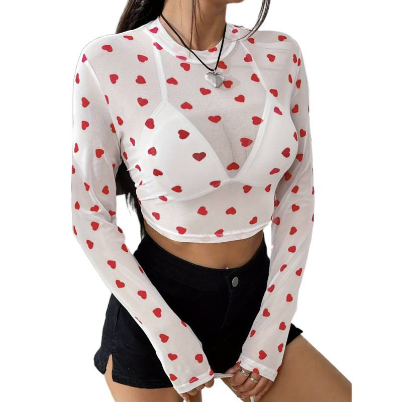 Dame Langærmet Crop-Top med hjerte mønster og gennemsigtig fornemmelse Skovae