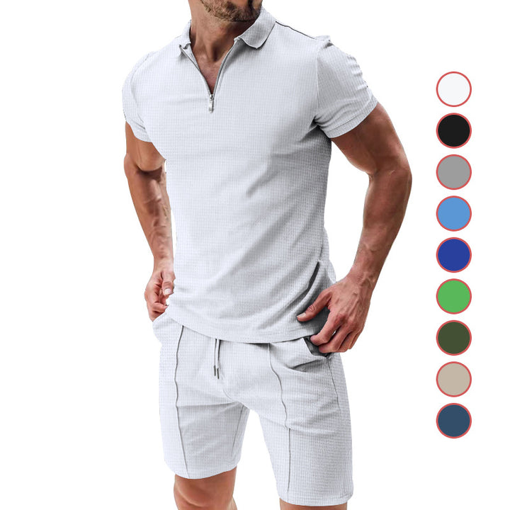 Herren nan sportives Poloshirt- og Chino-short-sæt med halvmidlertidig lynlås, struktureret jersey og diskret press fold Skovae