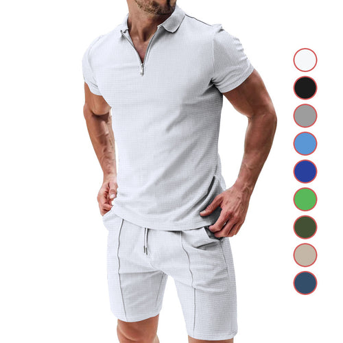 Herren nan sportives Poloshirt- og Chino-short-sæt med halvmidlertidig lynlås, struktureret jersey og diskret press fold Skovae
