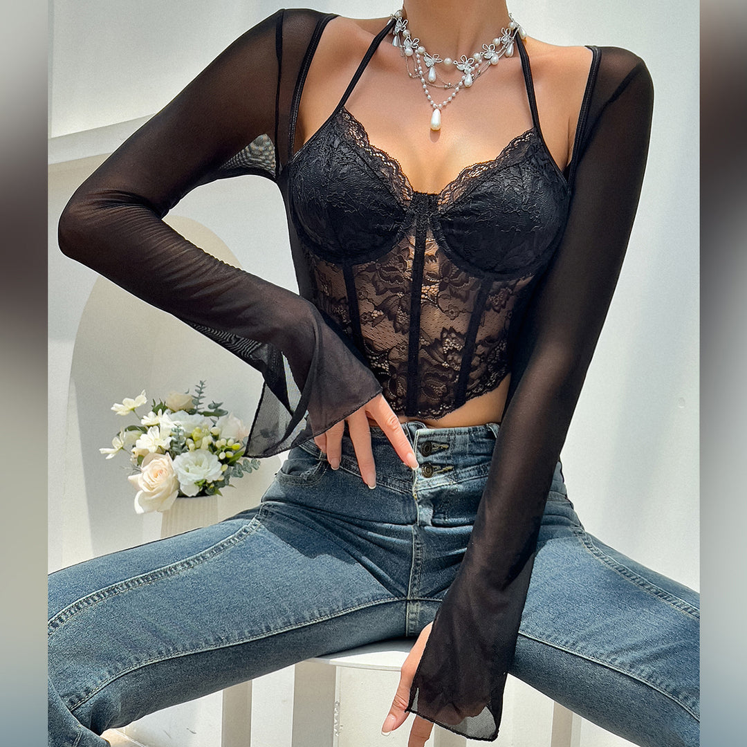 Dame spidspcorsage med transparente ærmer og detailbearbejdning Stilla