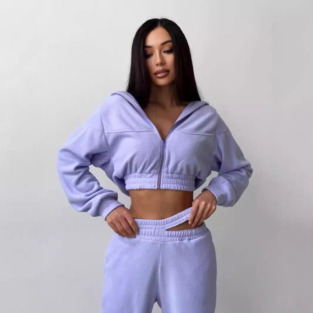 Kvinders sporty fleece crop top og joggingbukser sæt Skovae
