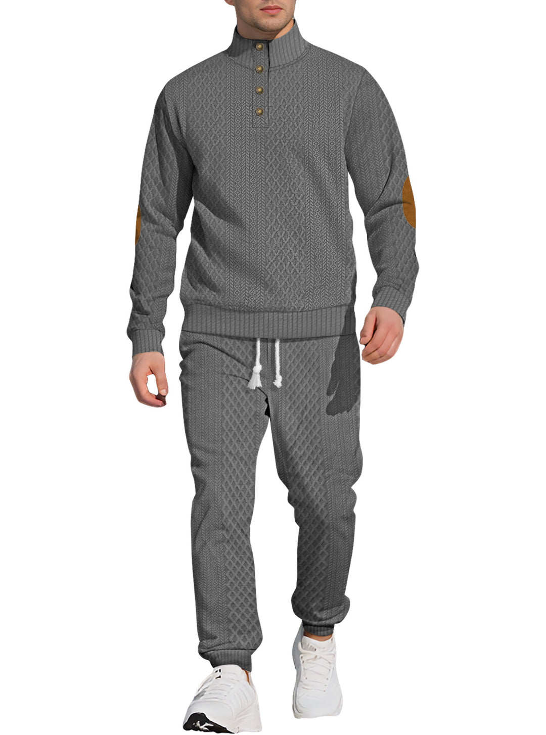 Herre nan struktureret strik-fritidsoutfit med halvknap-høj krave, daim-ellbogenlapper og snøre-bund joggers Skovae