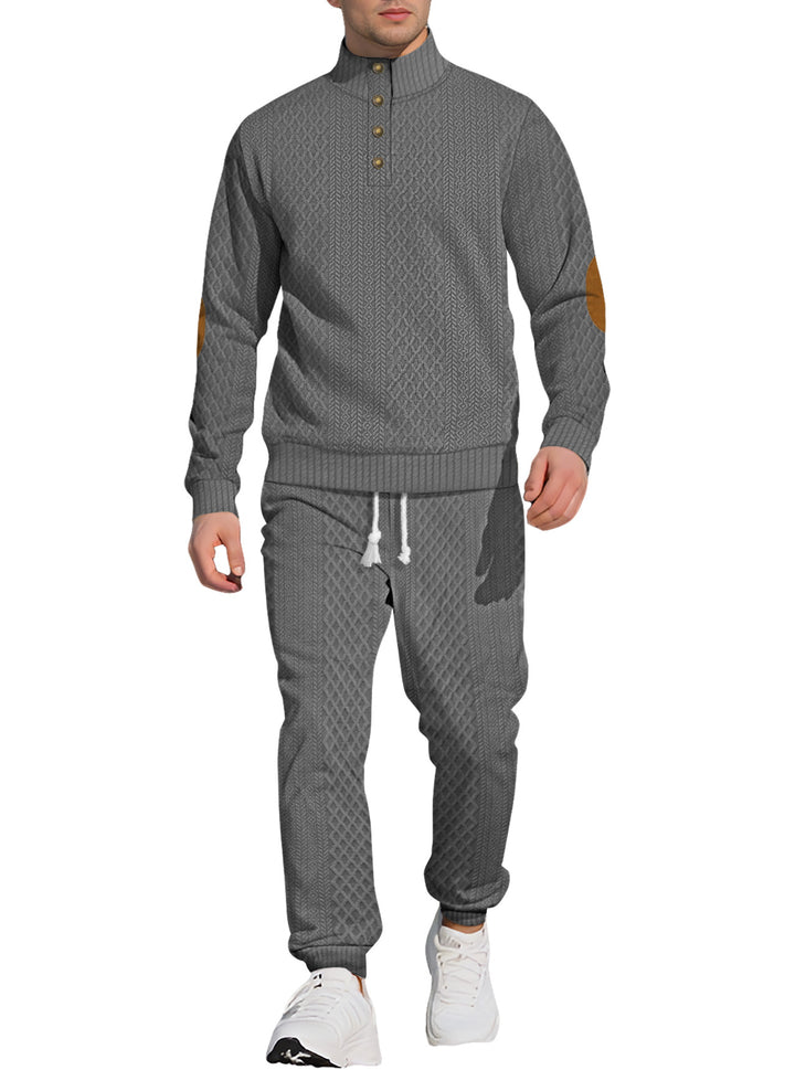 Herre nan struktureret strik-fritidsoutfit med halvknap-høj krave, daim-ellbogenlapper og snøre-bund joggers Skovae