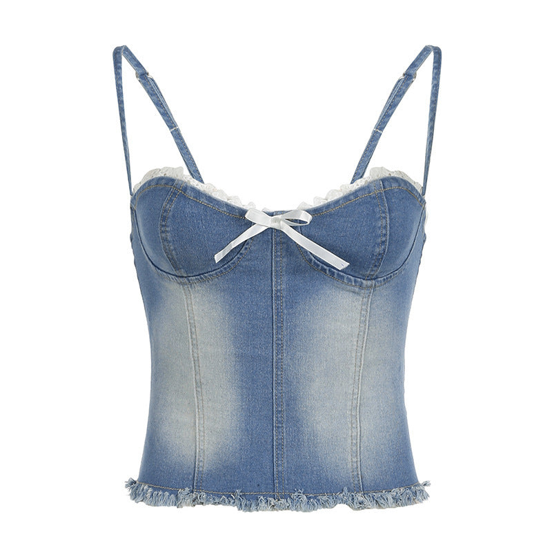 Dame Denim-Crop-Top med flæsedetaljer og delikat snørelukning Skovae