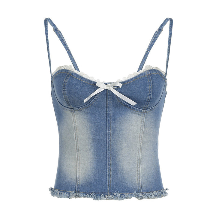 Dame Denim-Crop-Top med flæsedetaljer og delikat snørelukning Skovae