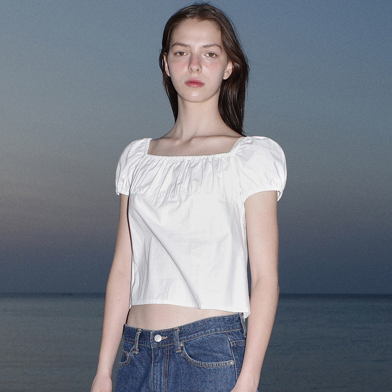 Dame Crop-Top med flæse detaljer og elastiske ærmer Stilla