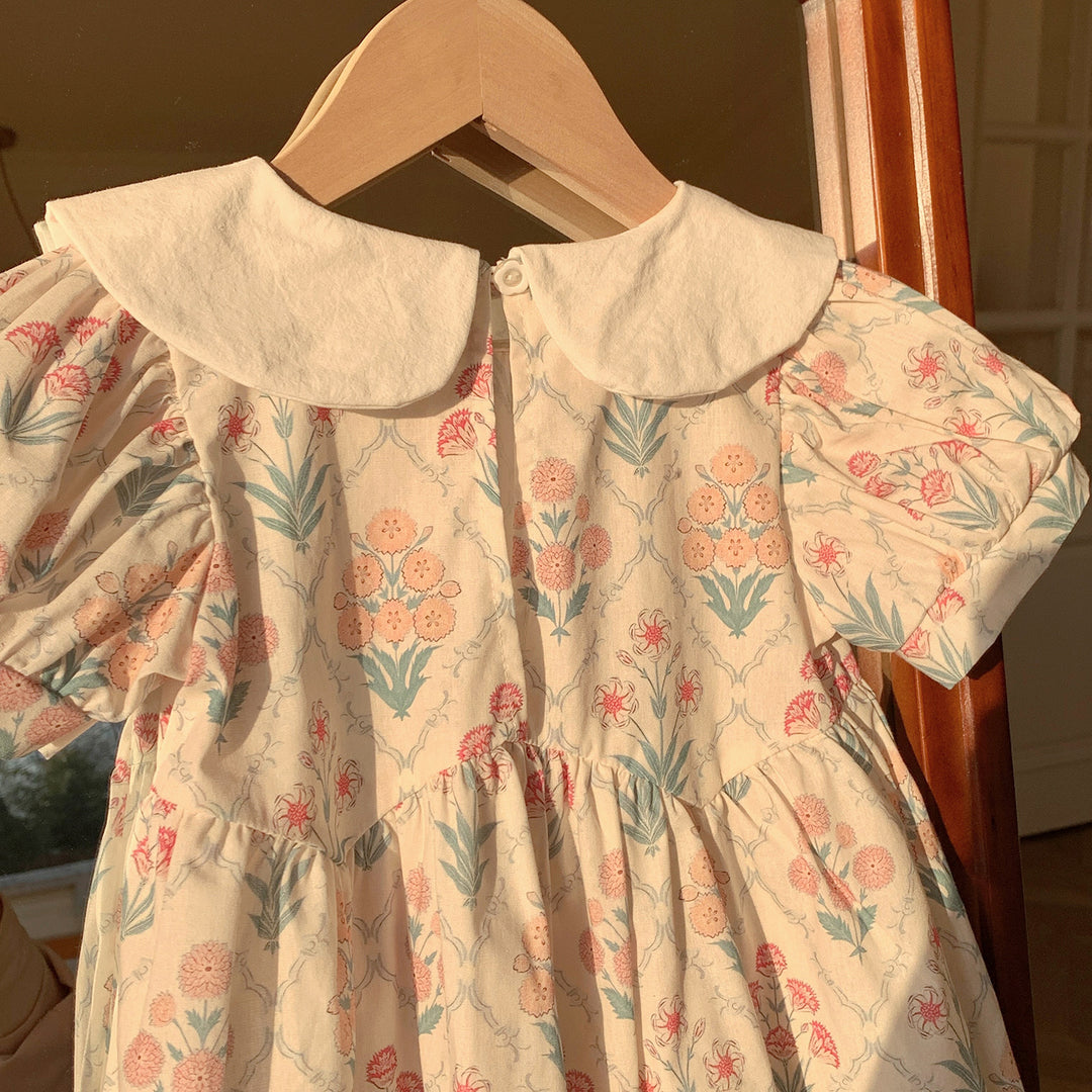 Pige Floral Print Kortærmet Kjole med Peter Pan Krave Stilla