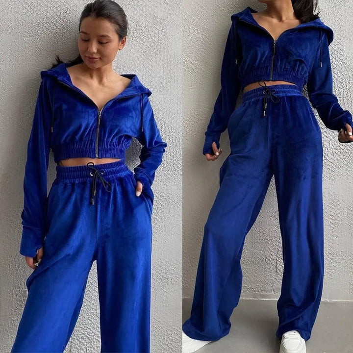 Kvinders afslappede fleece sæt med cropped top og brede bukser