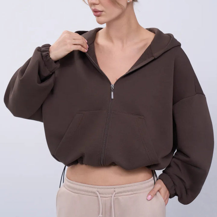 Kvinder Cropped Hoodie Jakke med Lynlås og Oversized Ærmer Skovae