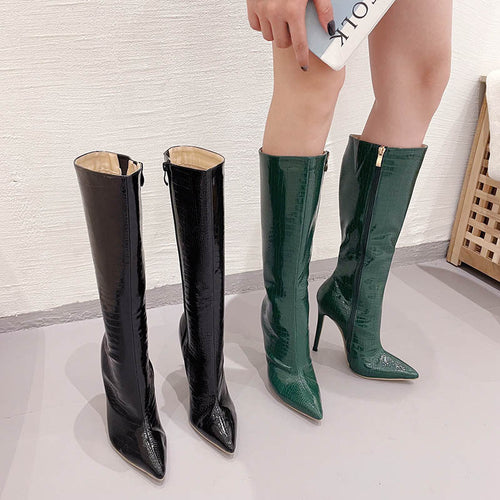 Dame High Heel Overknee Støvler med Krokodilleprægning og elegant Snøring Stilla