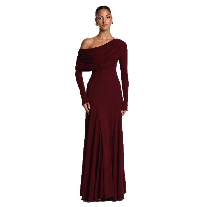 Kvinder elegante maxi kjoler med lange ærmer og asymmetrisk drapering Skovae