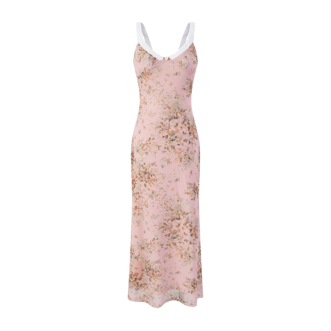 Dame floral maxikjole i let chiffon med dyb V-hals og justerbare stropper Stilla