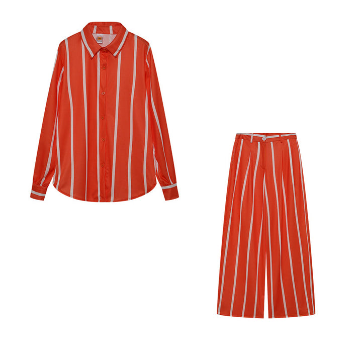 Dame stribet Button-Up Skjorte og bred Bukser Sæt Stilla