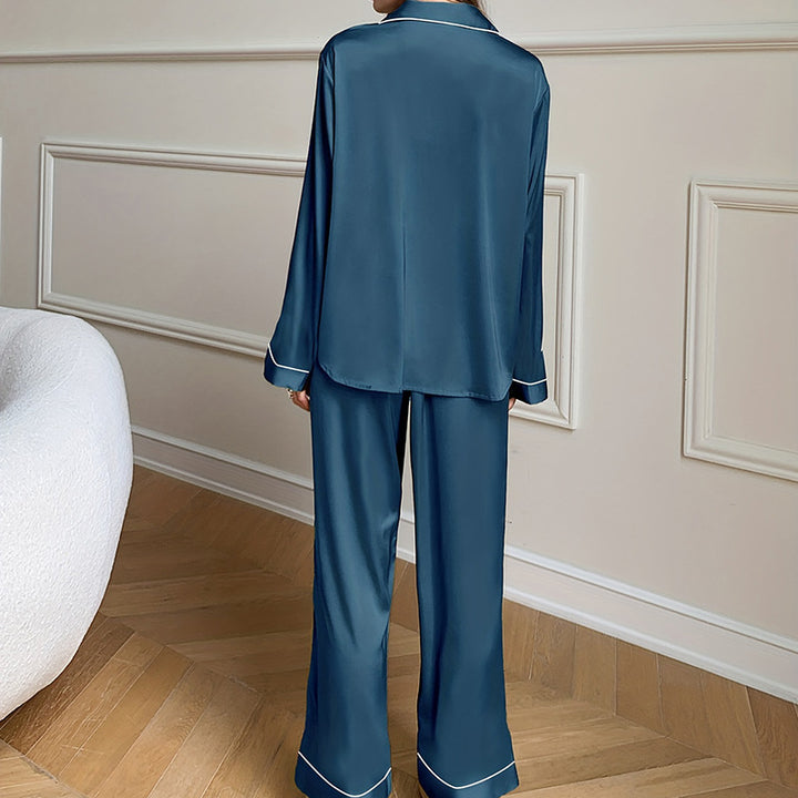 Dame elegant satin natkjole sæt med klassisk krave og brede bukser Stilla