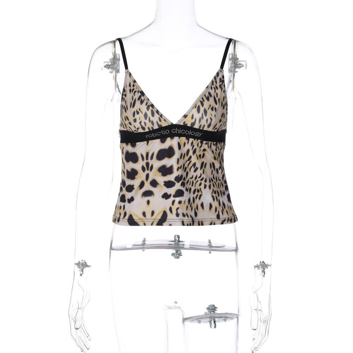 Dame Chic Crop-Top i leopardmønster med fine stropper og elastisk bånd Stilla