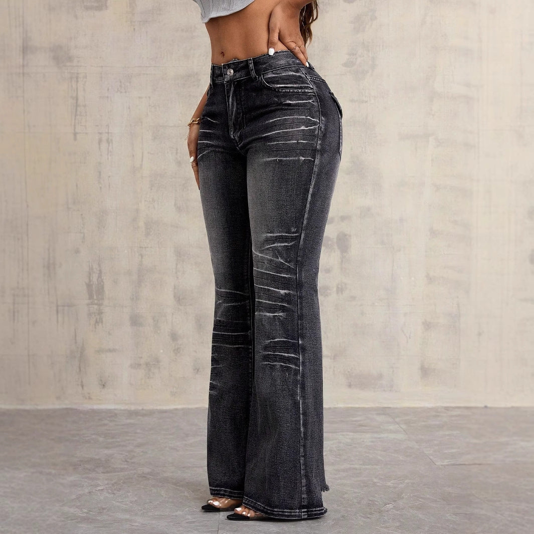 Kvindernes højtaljede bootcut jeans med fashionable brugt-look Stilla