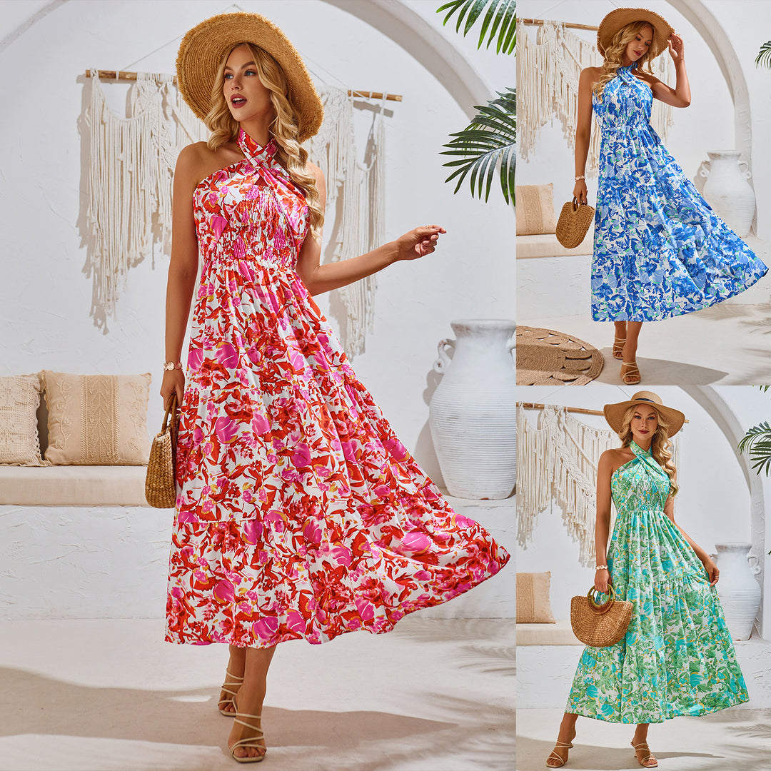 Dame Strapless Maxikjole med Blomsterprint og Flæsedetaljer Stilla