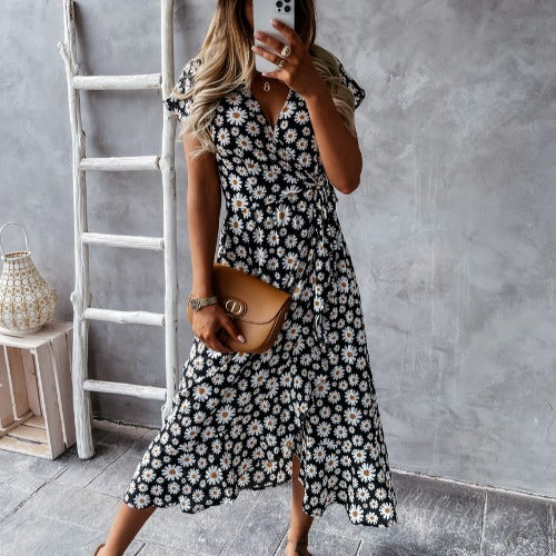 Dame Floral Print Wrap Midi Kjole Stilla
