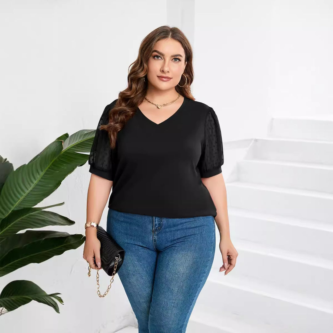 Damer elegant bluse skjorte med gennemsigtige puffærmer og V-hals Skovae