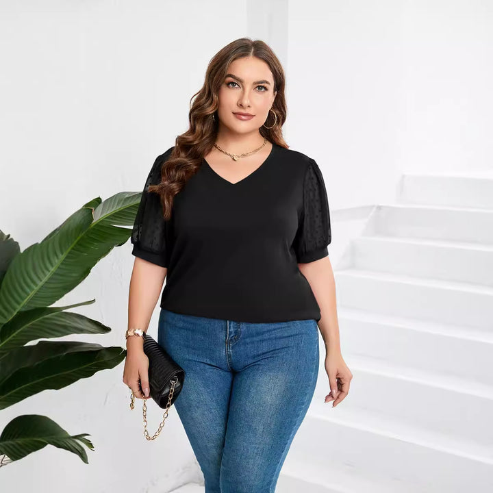 Damer elegant bluse skjorte med gennemsigtige puffærmer og V-hals Skovae