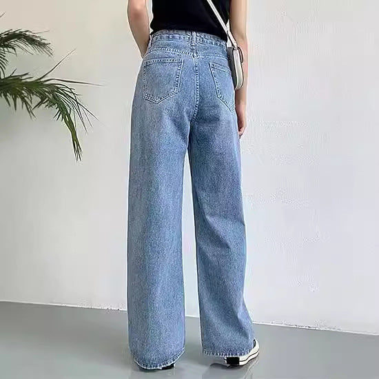 Dame brede høj talje jeans med komfortabel pasform og afslappet stil Skovae