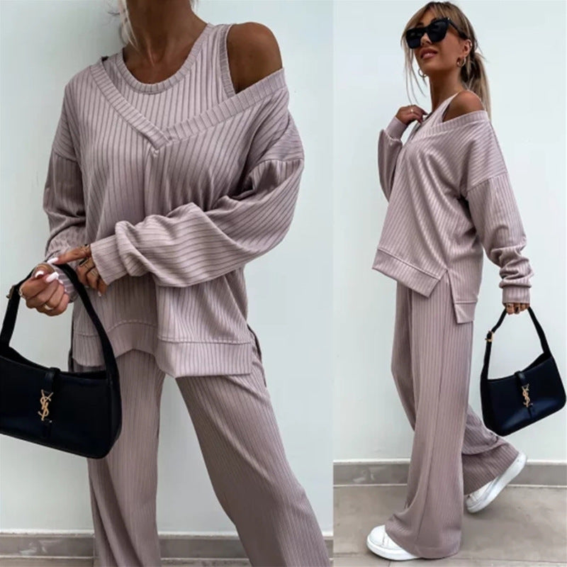 Kvindernes loungewear sæt med afslappet oversized sweater og brede ben bukser