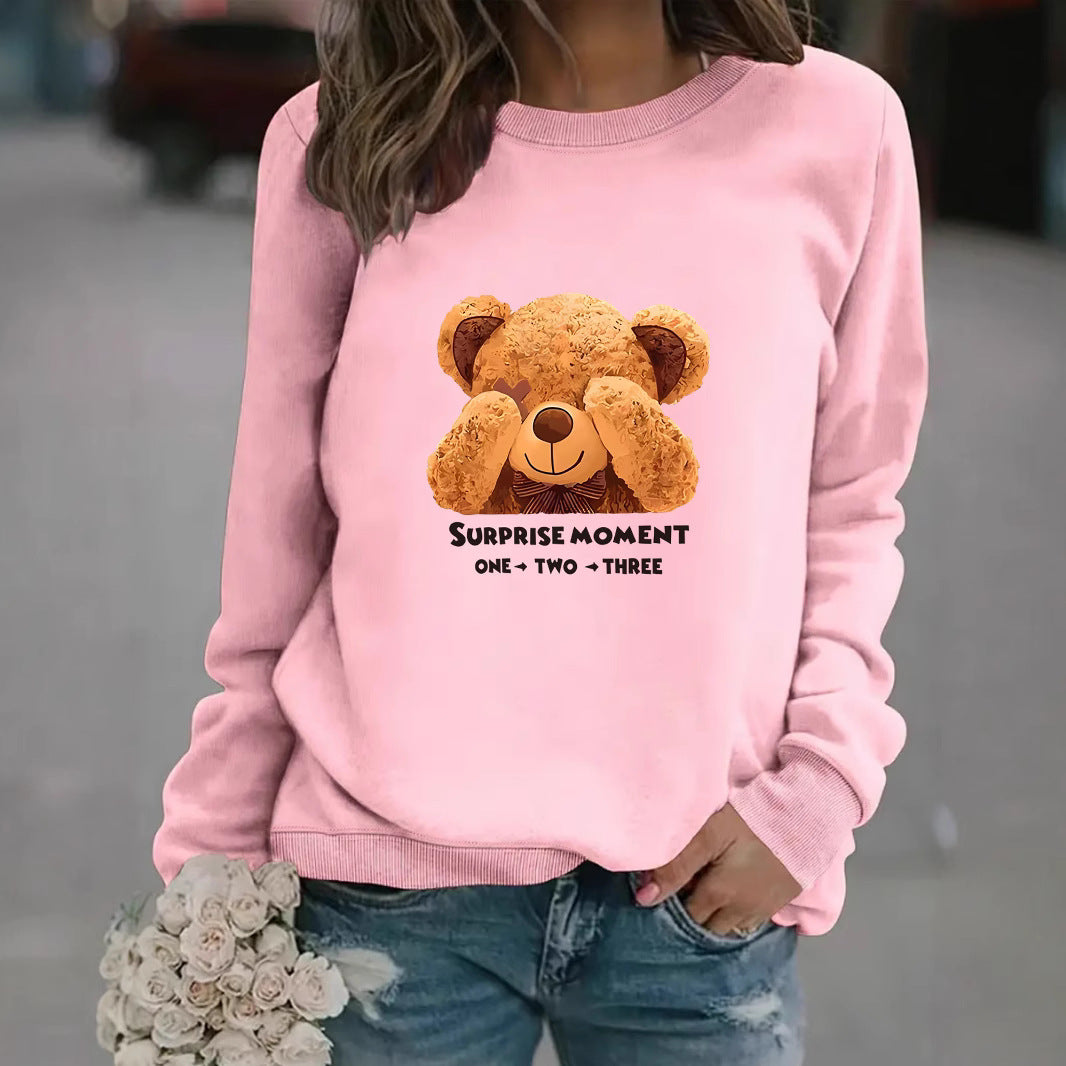 Dame sweatshirt med sødt bjørnedesign og moderne bogstaver Skovae