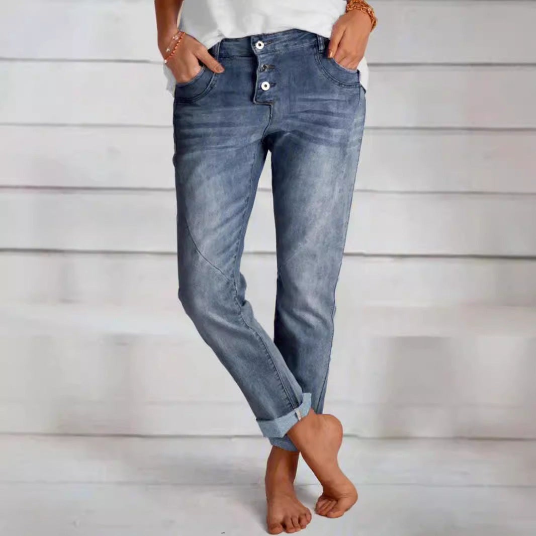 Kvinder Relaxed Fit Knaplukning Denim Jeans Stilla