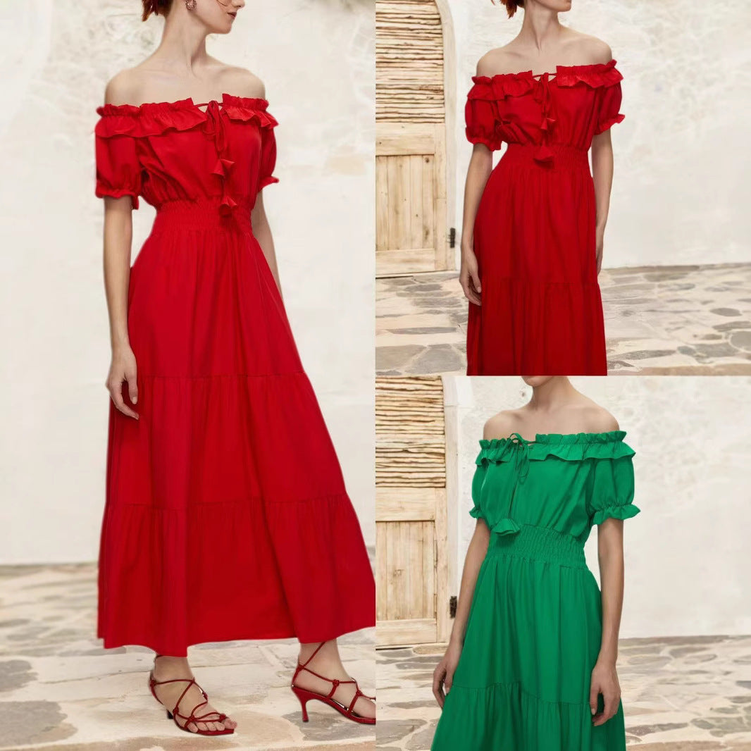 Dame Off-Shoulder Maxikjole med elastisk taljebånd og flæse detaljer Stilla