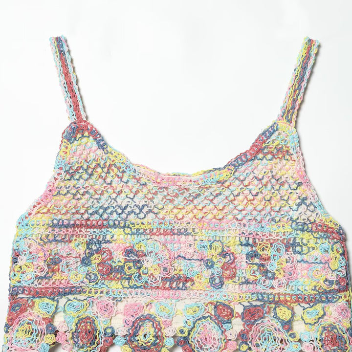 Dame luftig spids crop top med farverigt hækle mønster Skovae