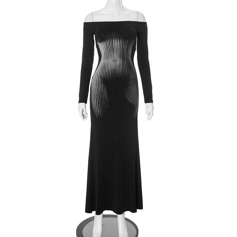 Femme Off-Shoulder Bodycon Maxi Kjole med formende striber Stilla