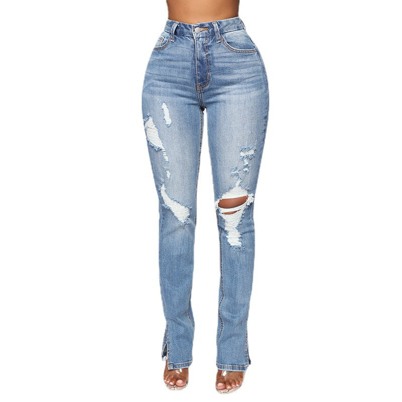 Dame High-Waist Jeans i moderne Destroyed-look Stilla