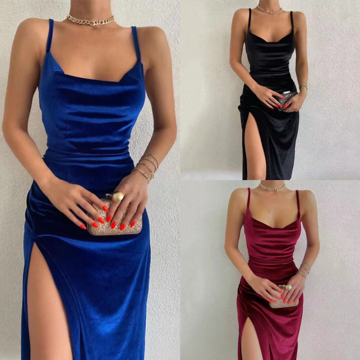 Femme Elegante Samt Maxi Kjole med Stilfuld Slids Stilla