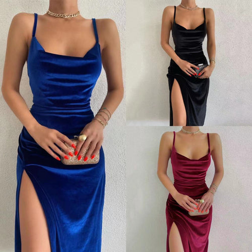 Femme Elegante Samt Maxi Kjole med Stilfuld Slids Stilla
