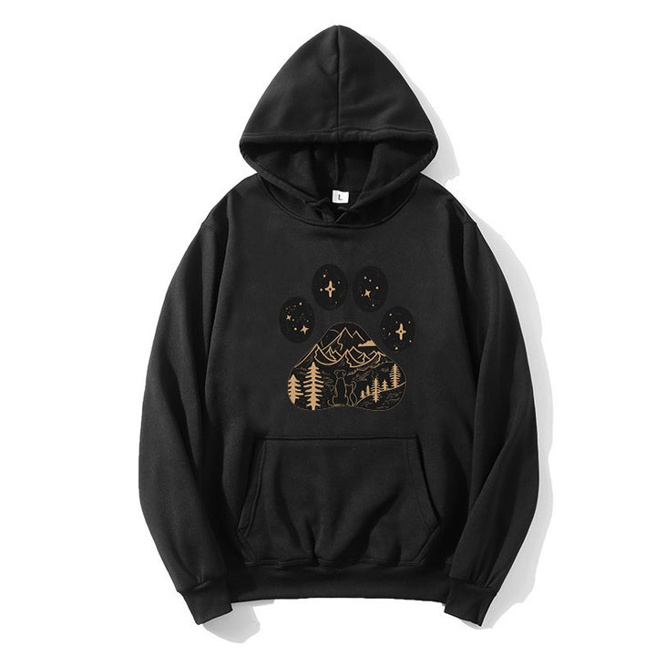 Dame hoodie med kreativ poteprint design og bjerglandskab Skovae