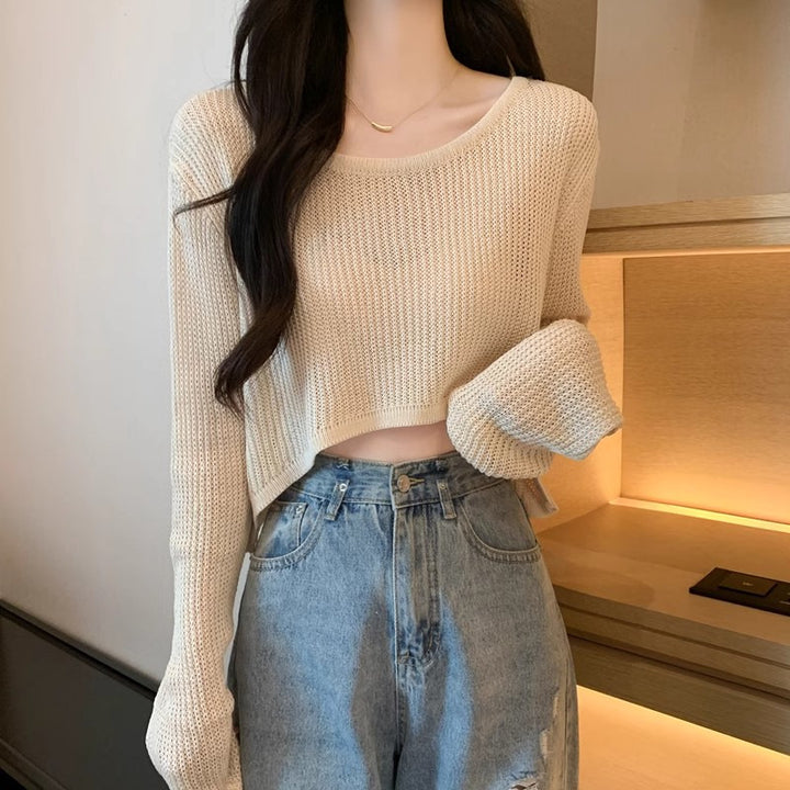 Dame Cropped Striktrøje med Fin Vævning og Casual Skulderområder