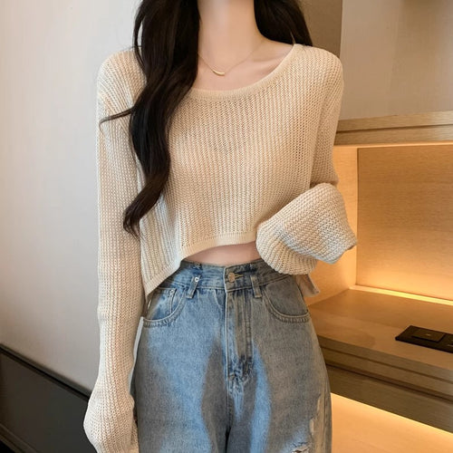 Dame Cropped Striktrøje med Fin Vævning og Casual Skulderområder