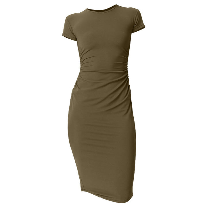 Dame figursyet midi kjole med rynket design Stilla