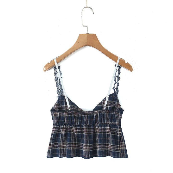 Dame spids-crop-top med ternet design og legende flæsedetaljer Stilla