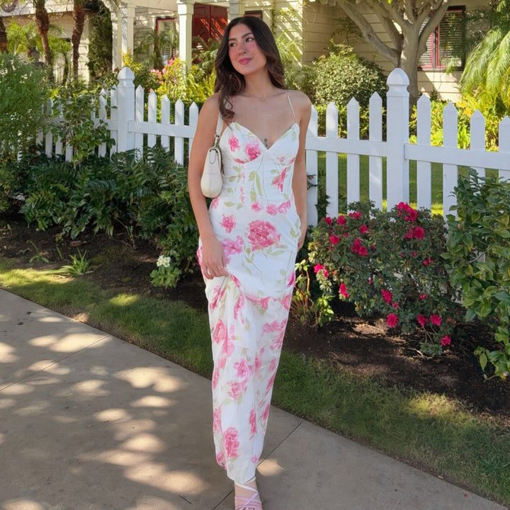 Damen Sommerliches Maxikleid mit floralem Muster und feinen Spaghetti-Trägern Skovae