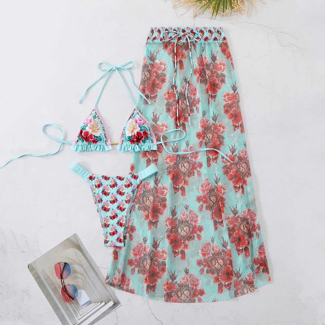 Dame bikini-sæt med blomstermotiver og elastisk skirt Stilla