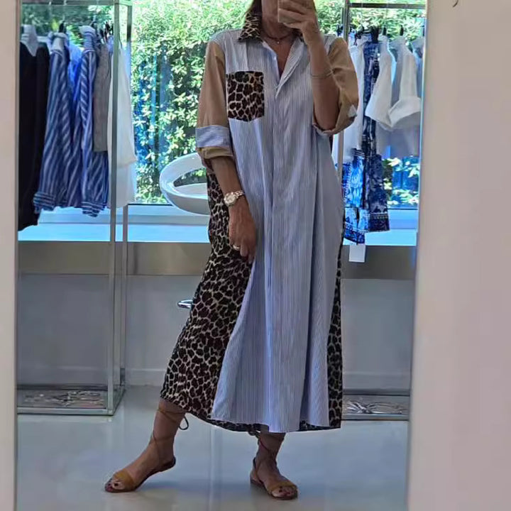 Dame nan skjortekjole i printmix med leopardprint-sideindsatser, nålestribe-passe og opkrøllelige ærmer Skovae