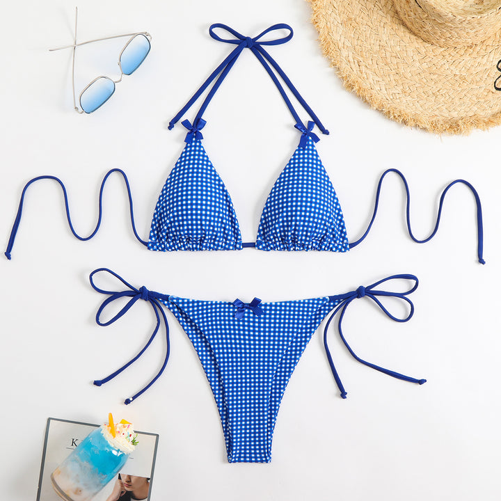 Dame Triangel-Bikini med legende ternet mønster og smalle bindebånd Skovae