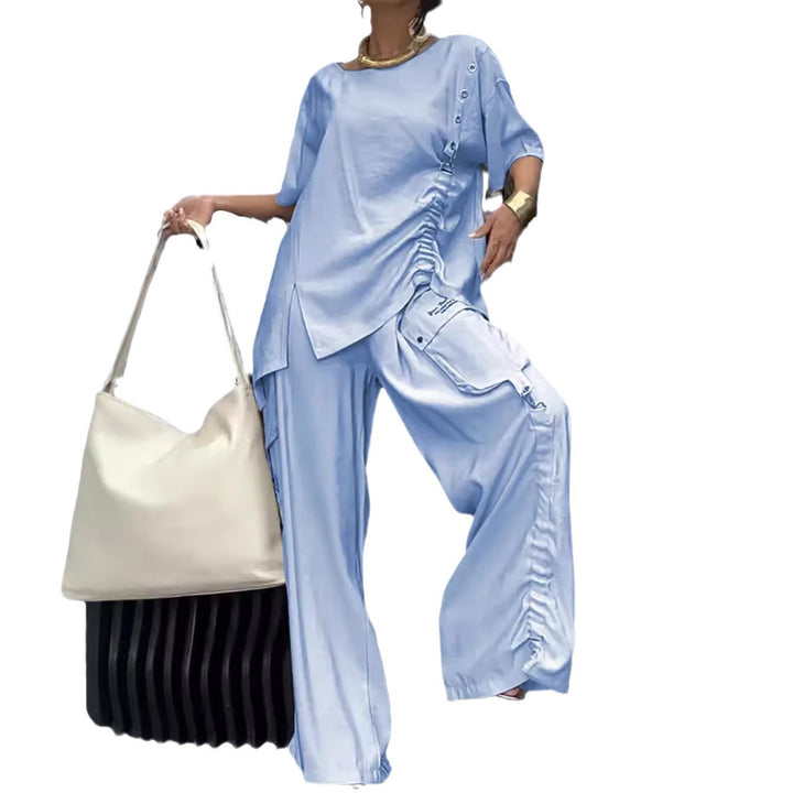 Damer nan lækkert to-delt sæt med flæset oversized bluse og cargo palazzo bukser Skovae