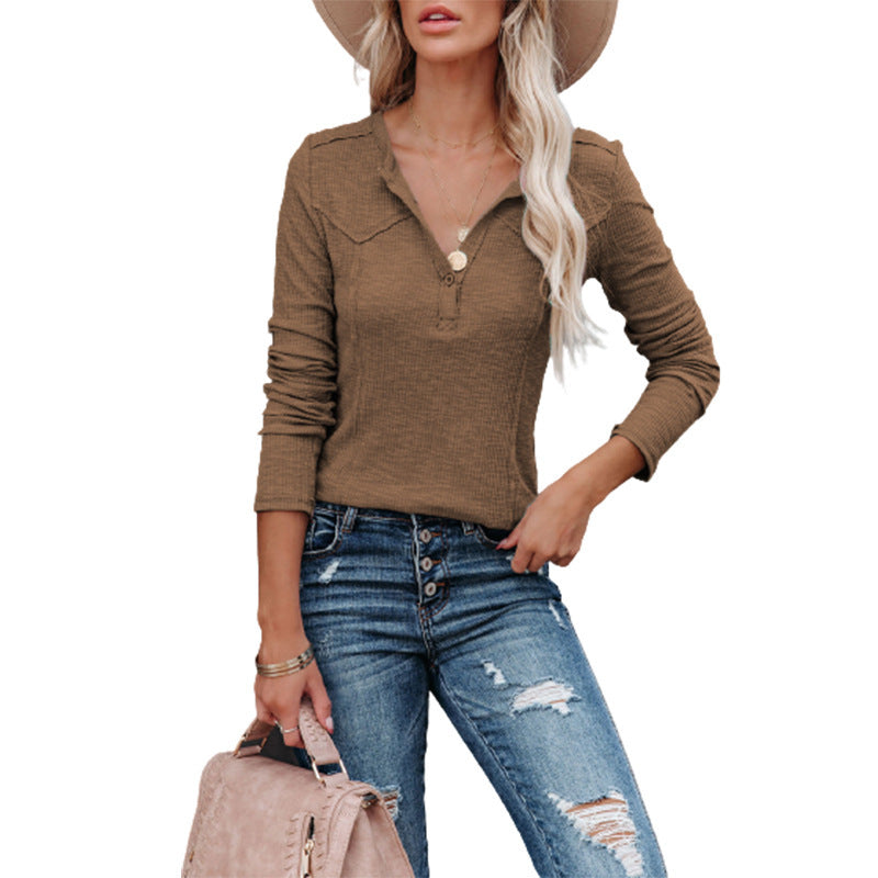 Dame Langærmet Henley-shirt med struktureret vaffelmateriale Stilla