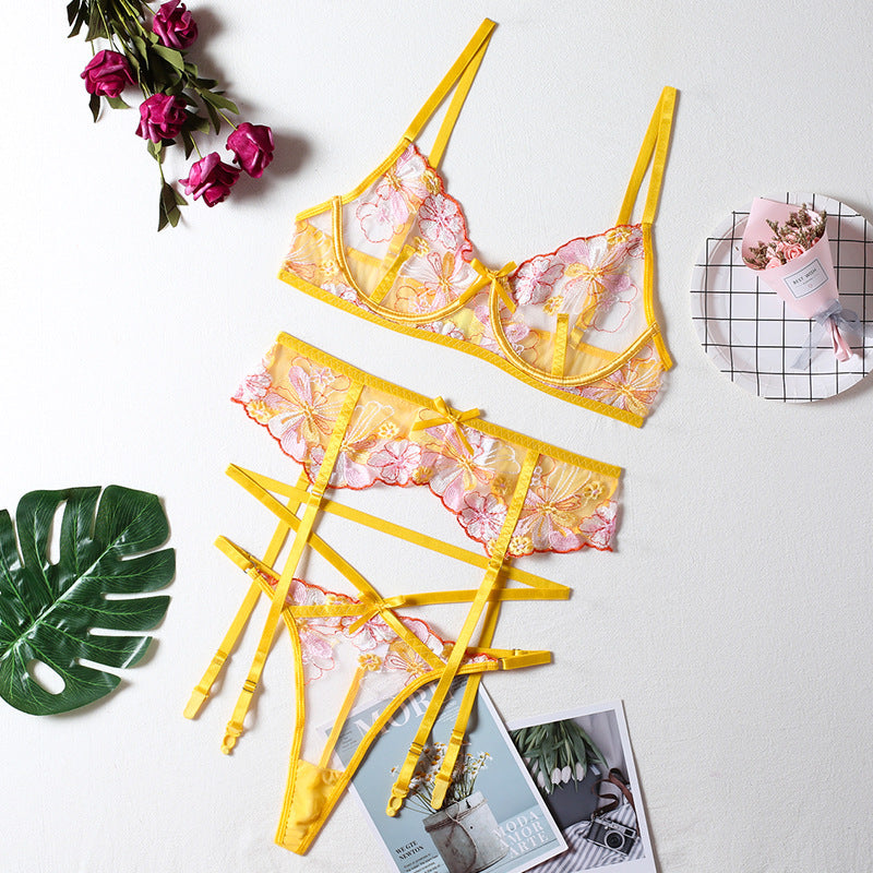 Dame Floral Spids Broderi Undertøj Set Stilla