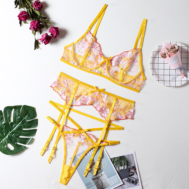 Dame Floral Spids Broderi Undertøj Set Stilla