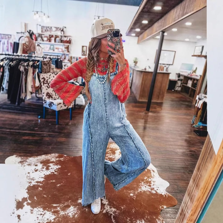 Dame denim overalls med brede ben og praktiske lommer Stilla